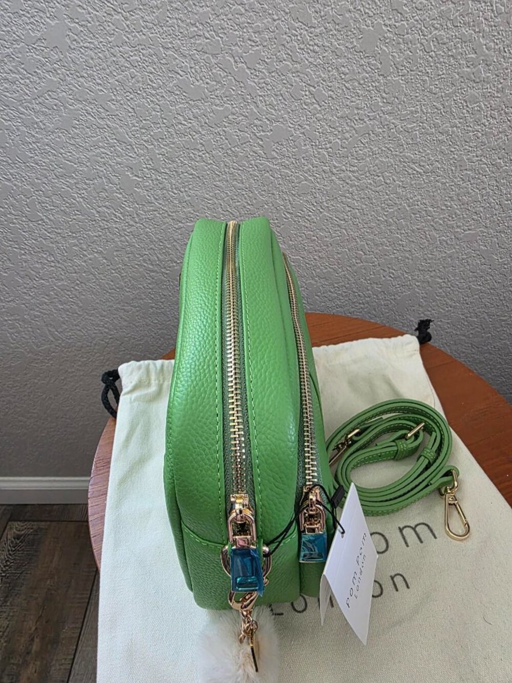 Pom Pom London Original Plus Bag NWT Green Leather Crossbody + 3 Straps & Keyrin - Picture 3 of 13
